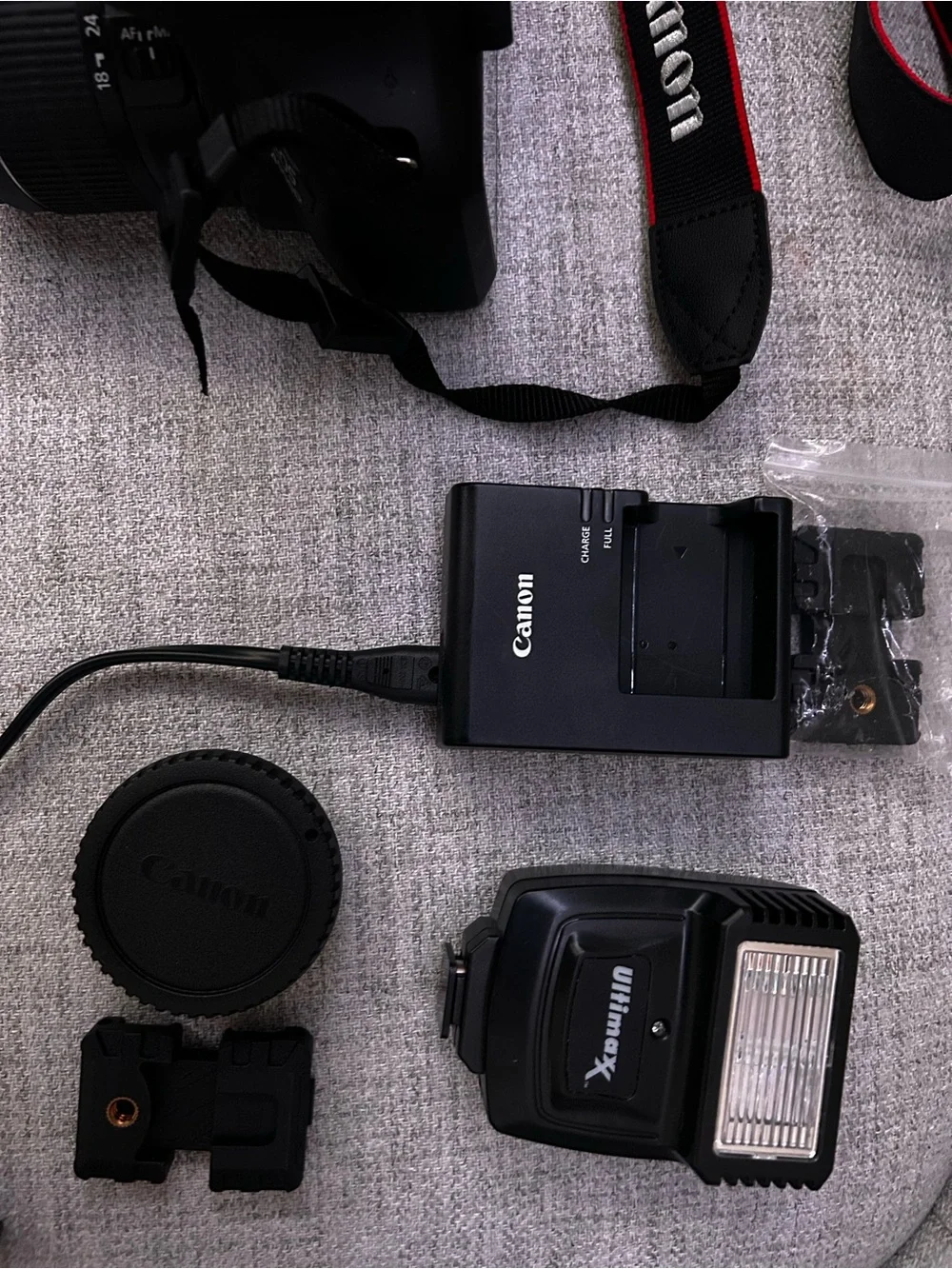 Canon DSLR Camera with Black Body and Red-Trim Strap